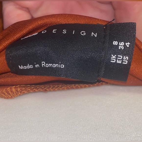 NWT ASOS Design Glam Volume Sleeve Cut Out Ring Detail Midi Dress Rust Size 4 - Picture 8 of 9